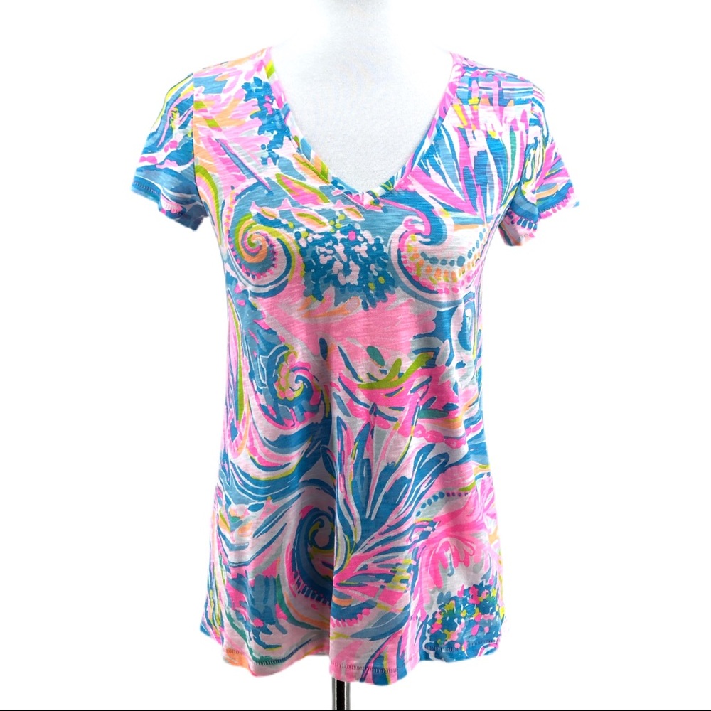 Lilly Pulitzer Pink Blue Etta Top Carnival Coral - Picture 2 of 9